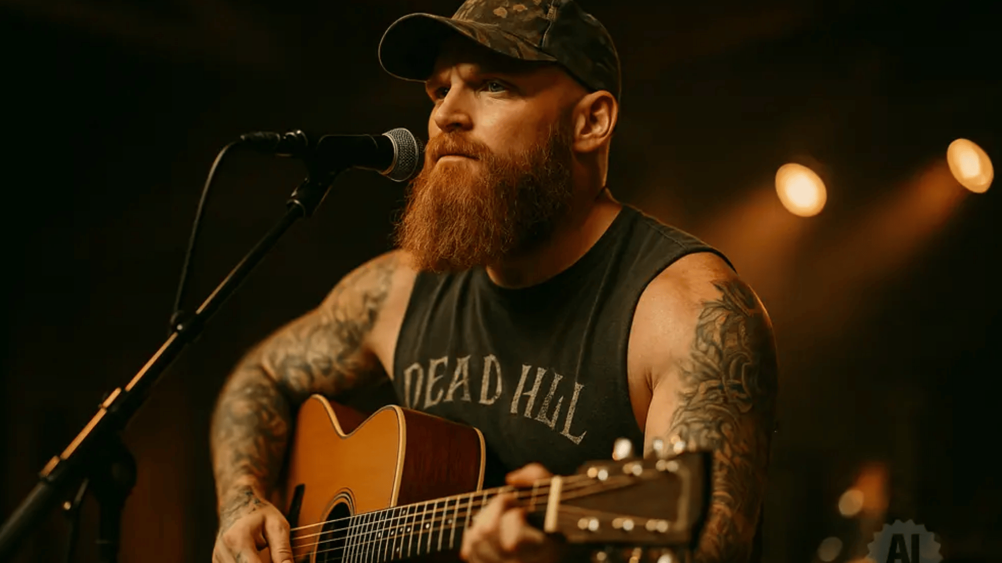 adam calhoun performing live with an acoustic guitar while singing into a microphone on a dimly lit stage