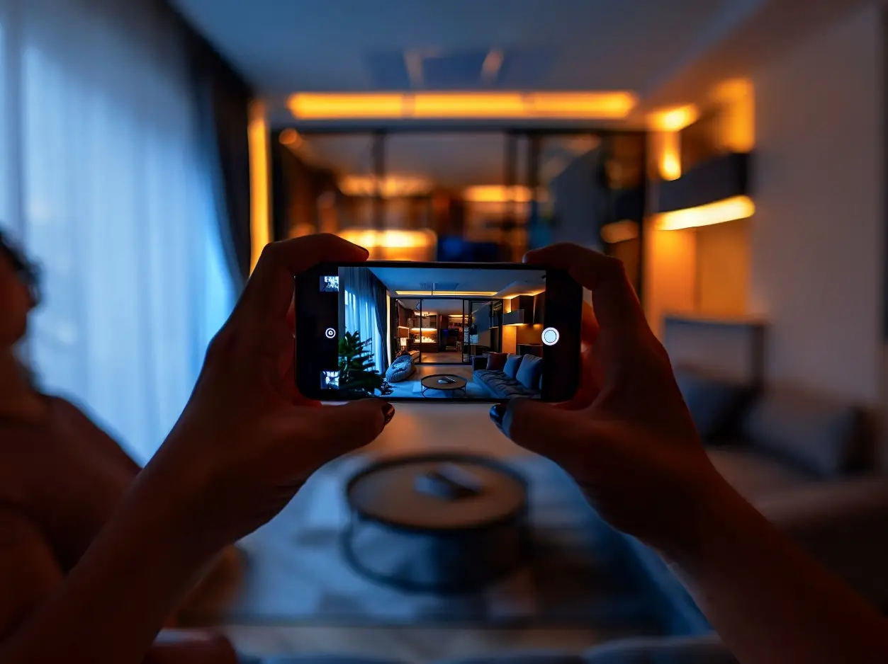 Hands holding smartphone capturing modern living room with ambient lighting