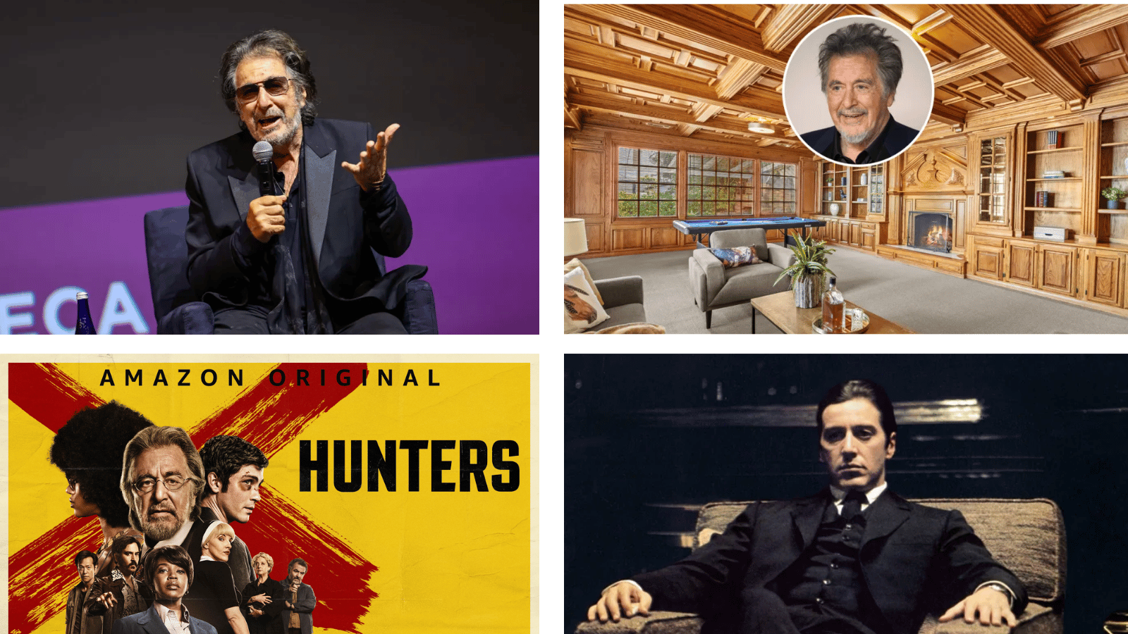 al pacino collage showing stage performance, real estate home, hunters series, and godfather film earnings