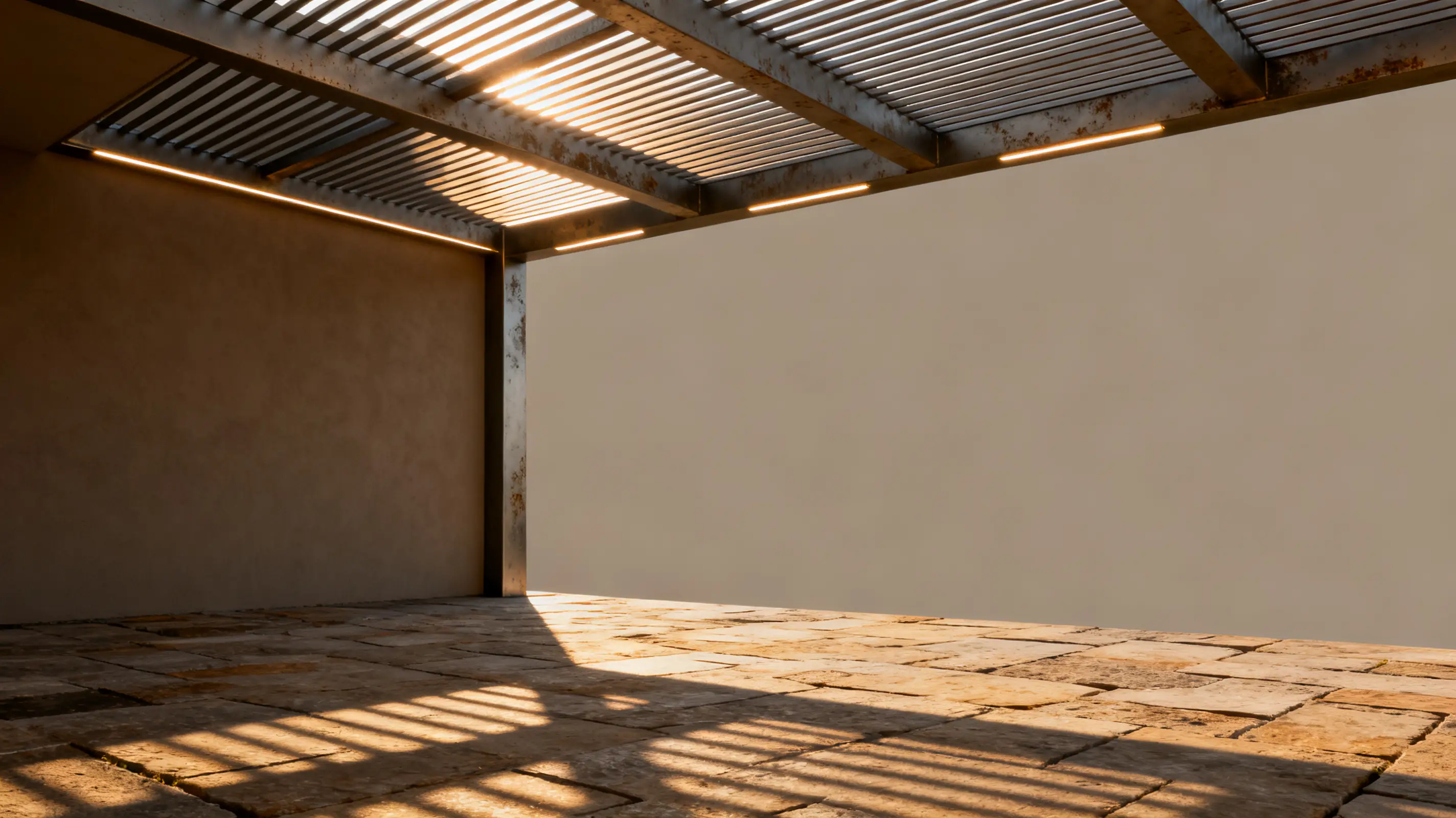 Sunlit open terrace with stone flooring and metal slatted pergola casting shadows