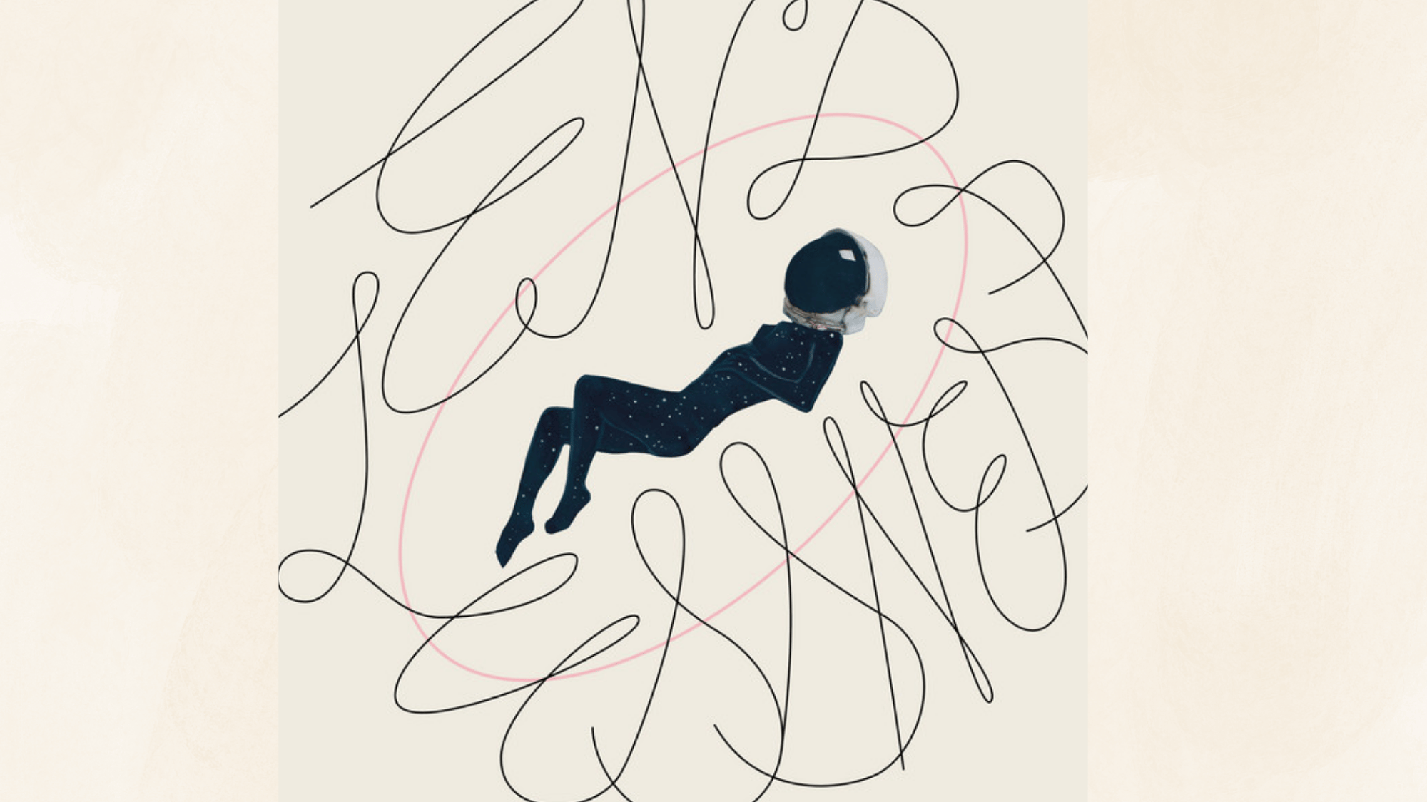 ambient jazz album artwork featuring floating astronaut figure surrounded by elegant looping abstract line patterns