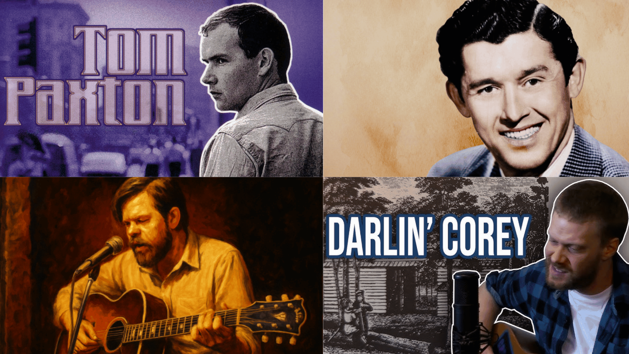 american folk song artists and album covers featuring Tom Paxton, Darlin’ Corey, and classic folk music