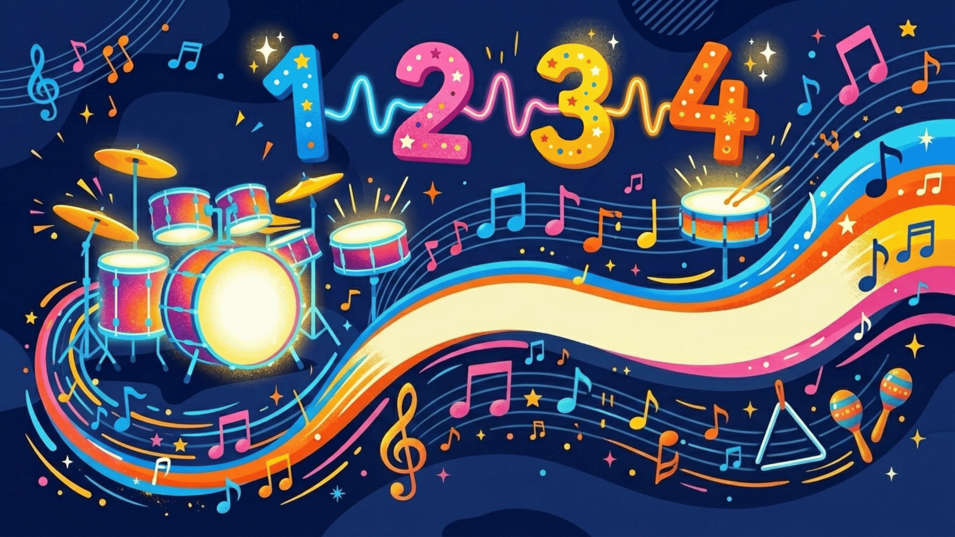 colorful rhythm and beat illustration with drums, counting numbers, and flowing musical sound waves