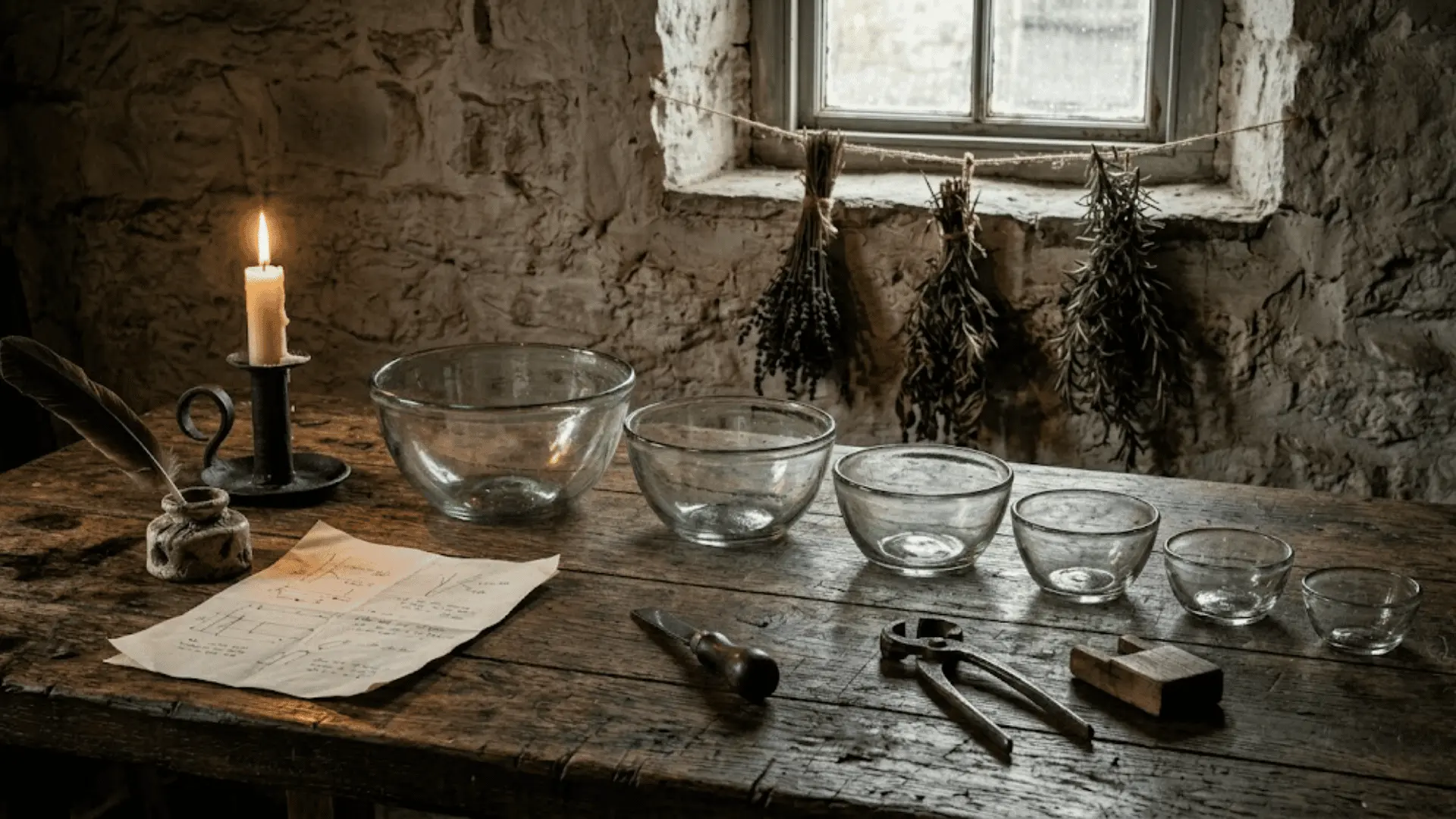 antique glass bowls on aged wooden workbench with candle, quill, and technical sketches in 18th century workshop