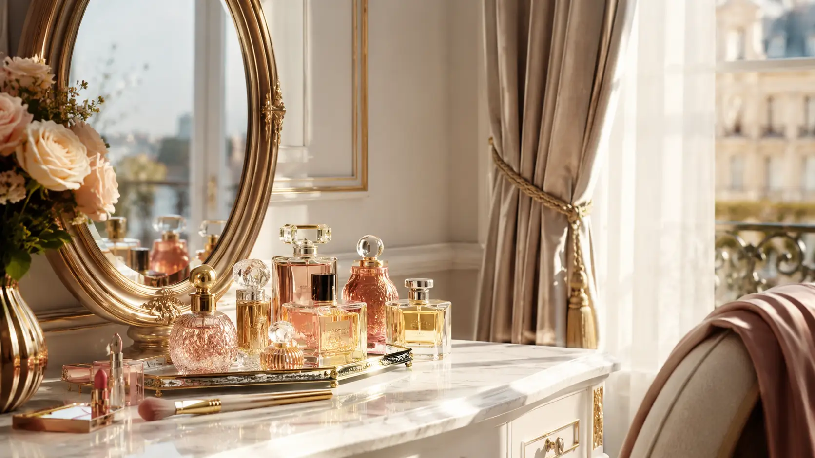 Perfume bottles and cosmetics on marble vanity in luxurious room with gold-framed mirror and pale curtains