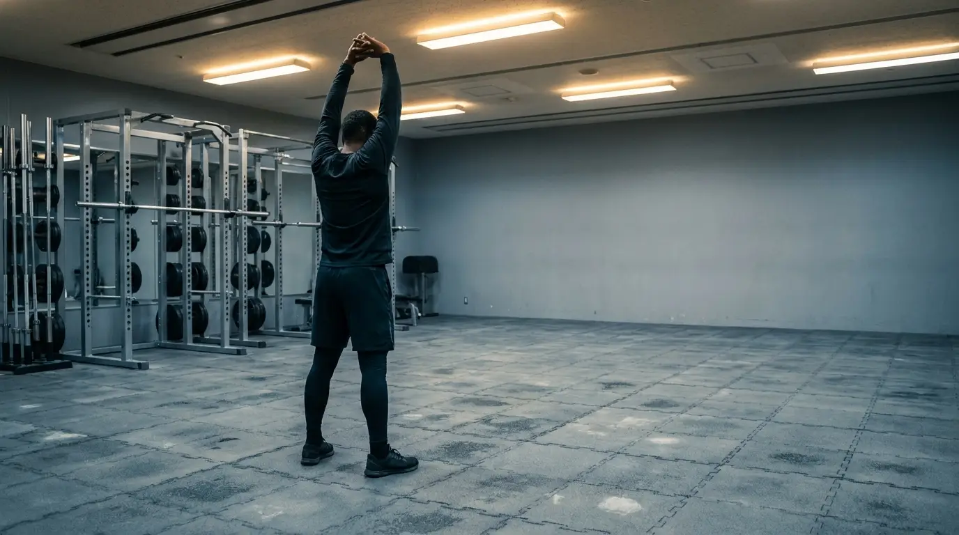 Man stretching arms in an empty gym with weightlifting equipment in the background