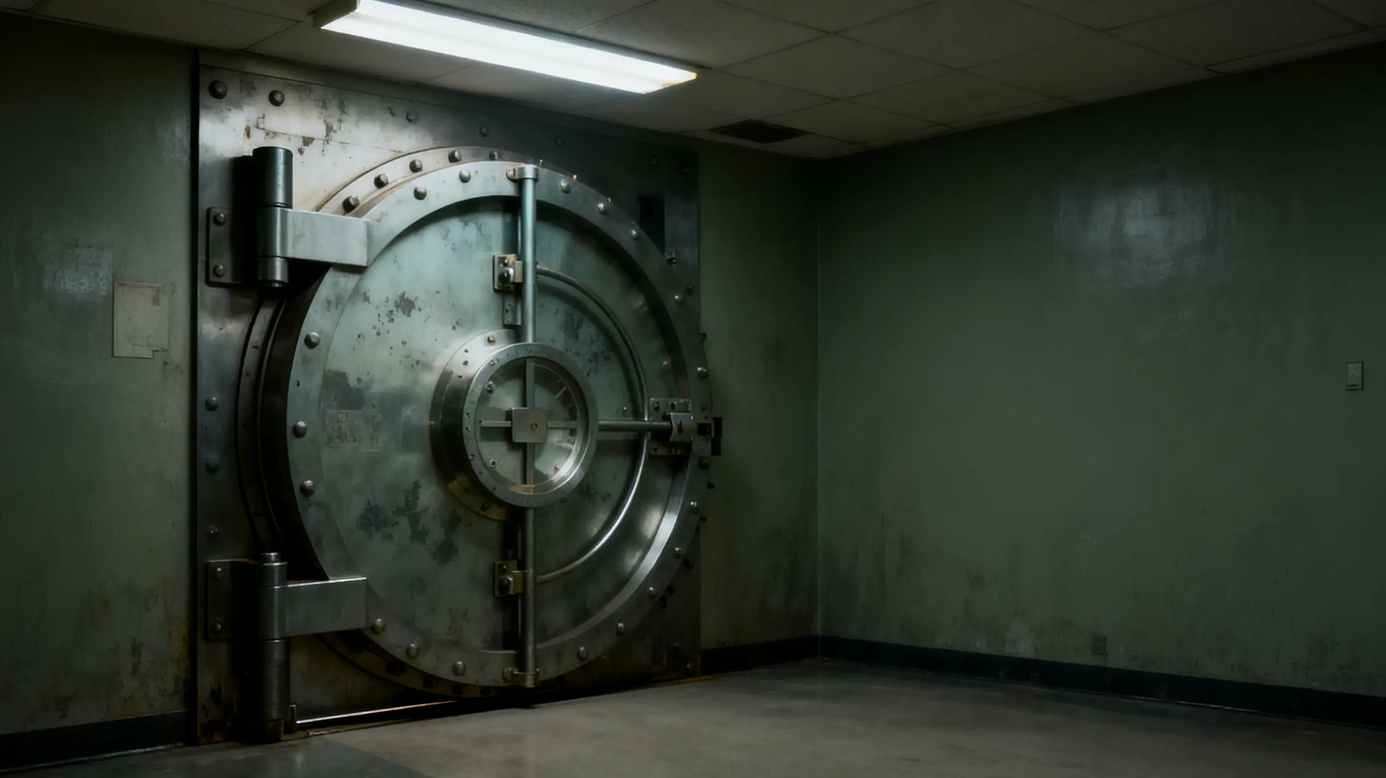 Large metallic bank vault door inside dimly lit room with concrete floor and green walls