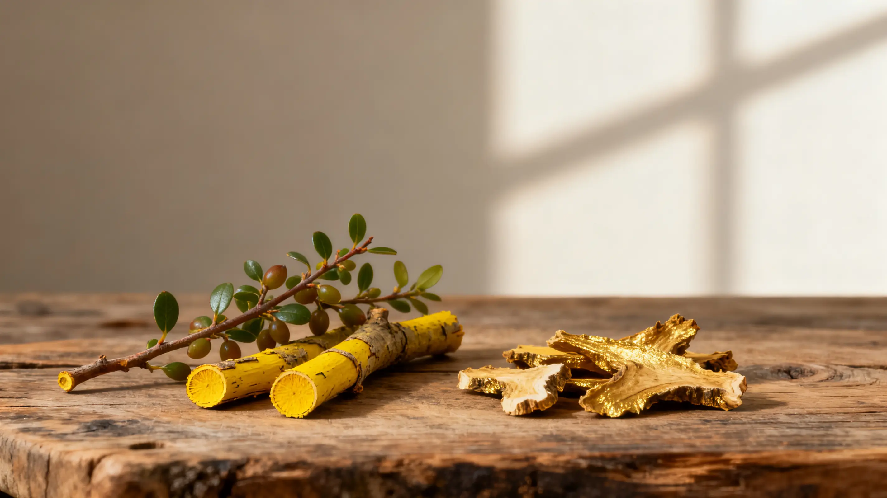 Branches with green leaves and yellow bark on rustic wooden table in sunlight