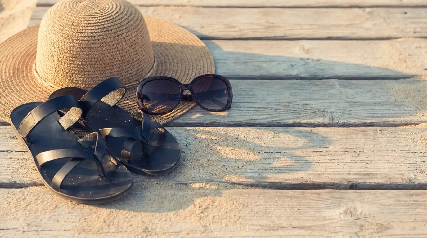 Straw hat, black sandals, and sunglasses on sandy wooden deck in sunlight