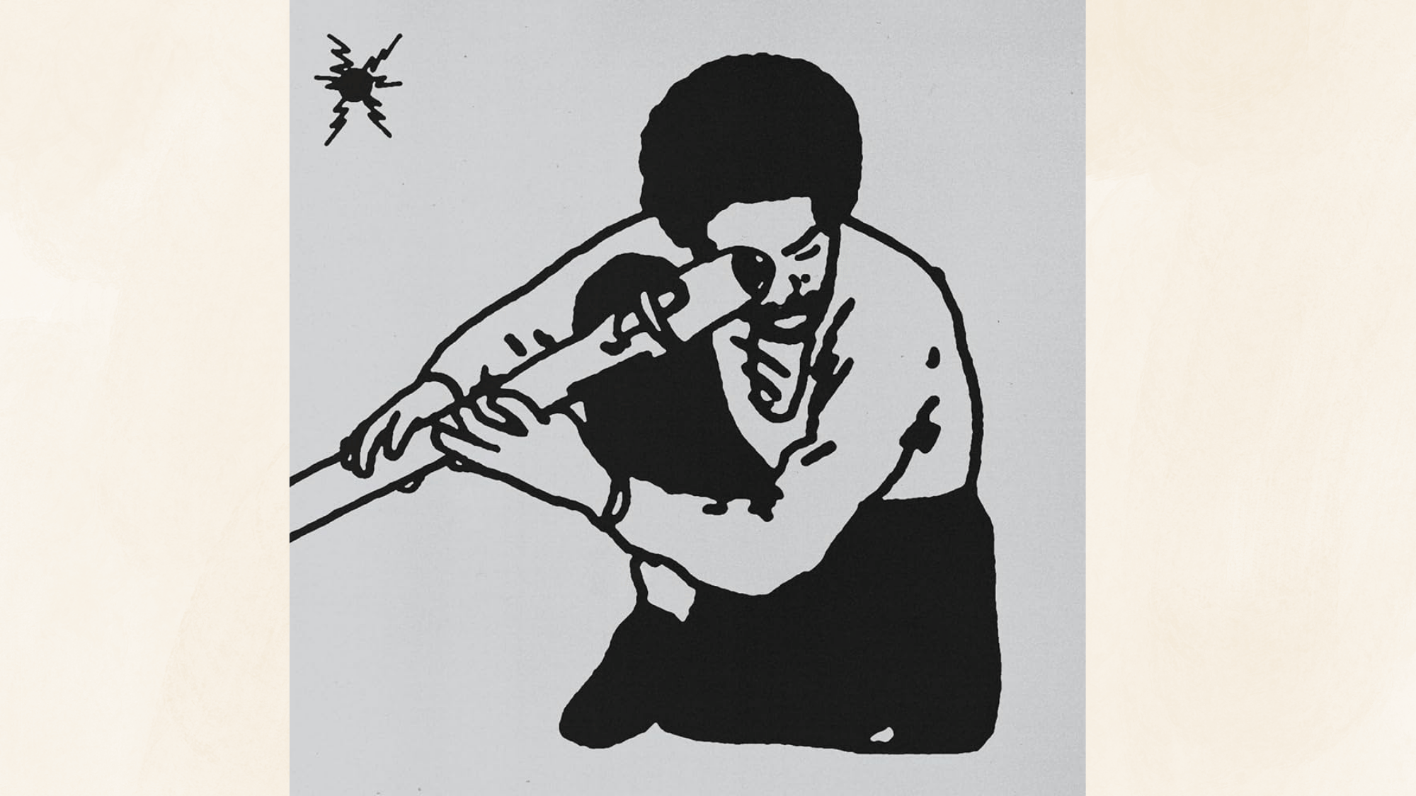 black and white illustration of jazz musician performing with trombone in bold minimalist graphic style