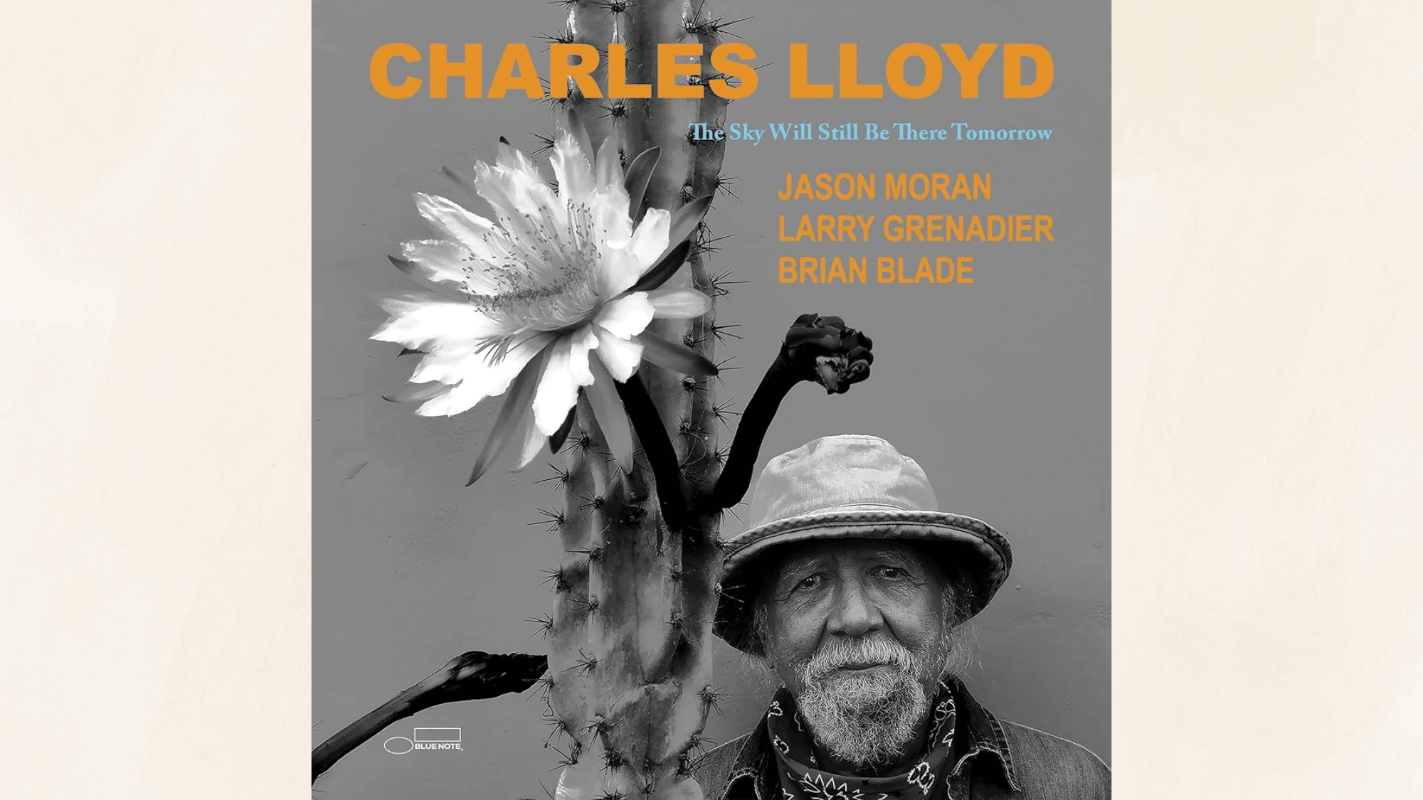 black and white jazz album cover featuring portrait beside blooming cactus flower and minimalist typography