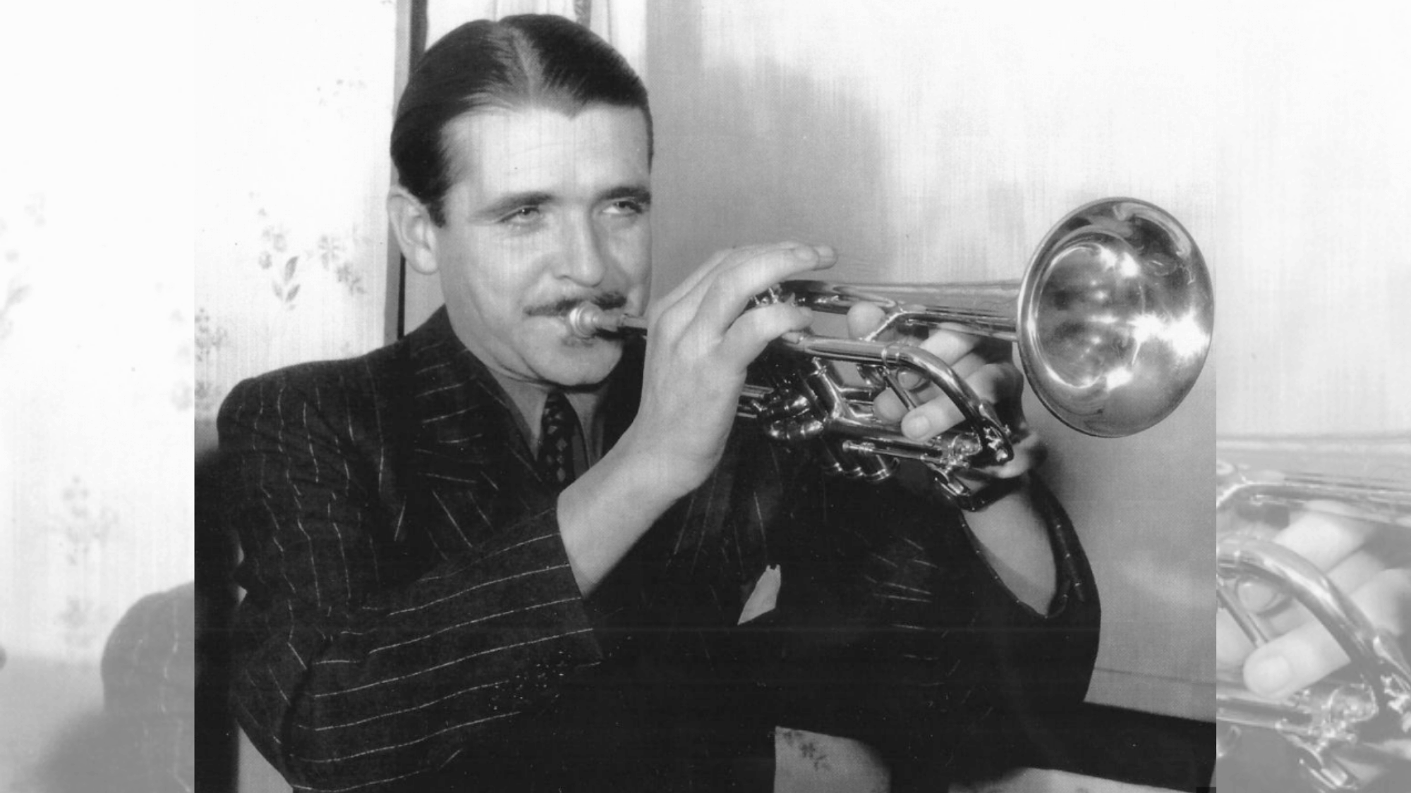 bunny berigan performing trumpet in a vintage black and white swing jazz photograph