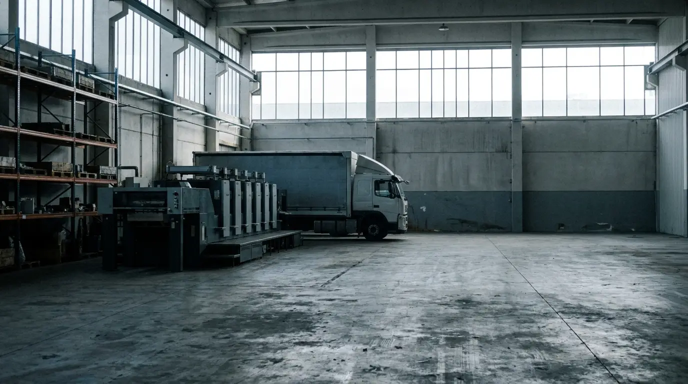 Industrial warehouse interior with parked delivery truck and printing equipment under soft natural light
