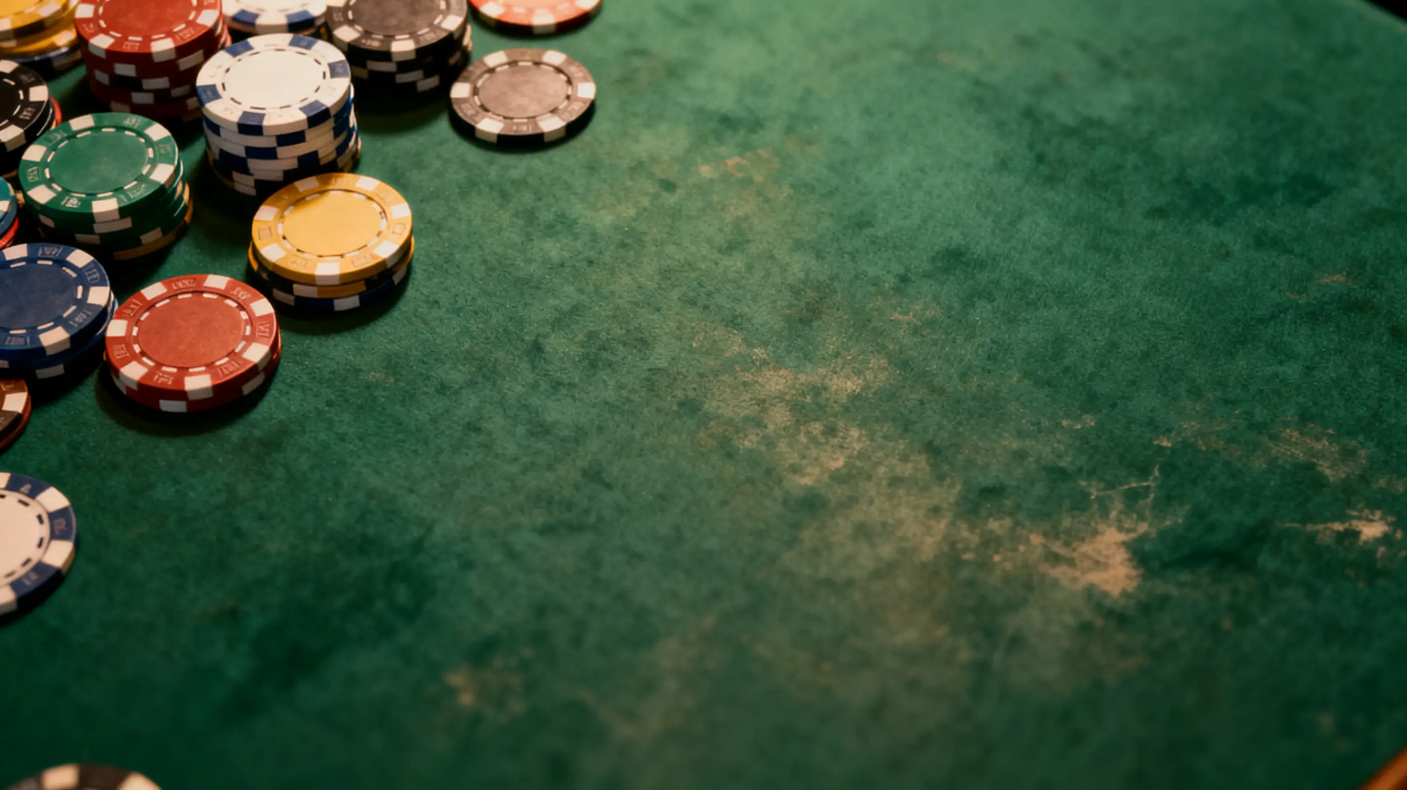 Poker chips scattered on green felt table with worn texture
