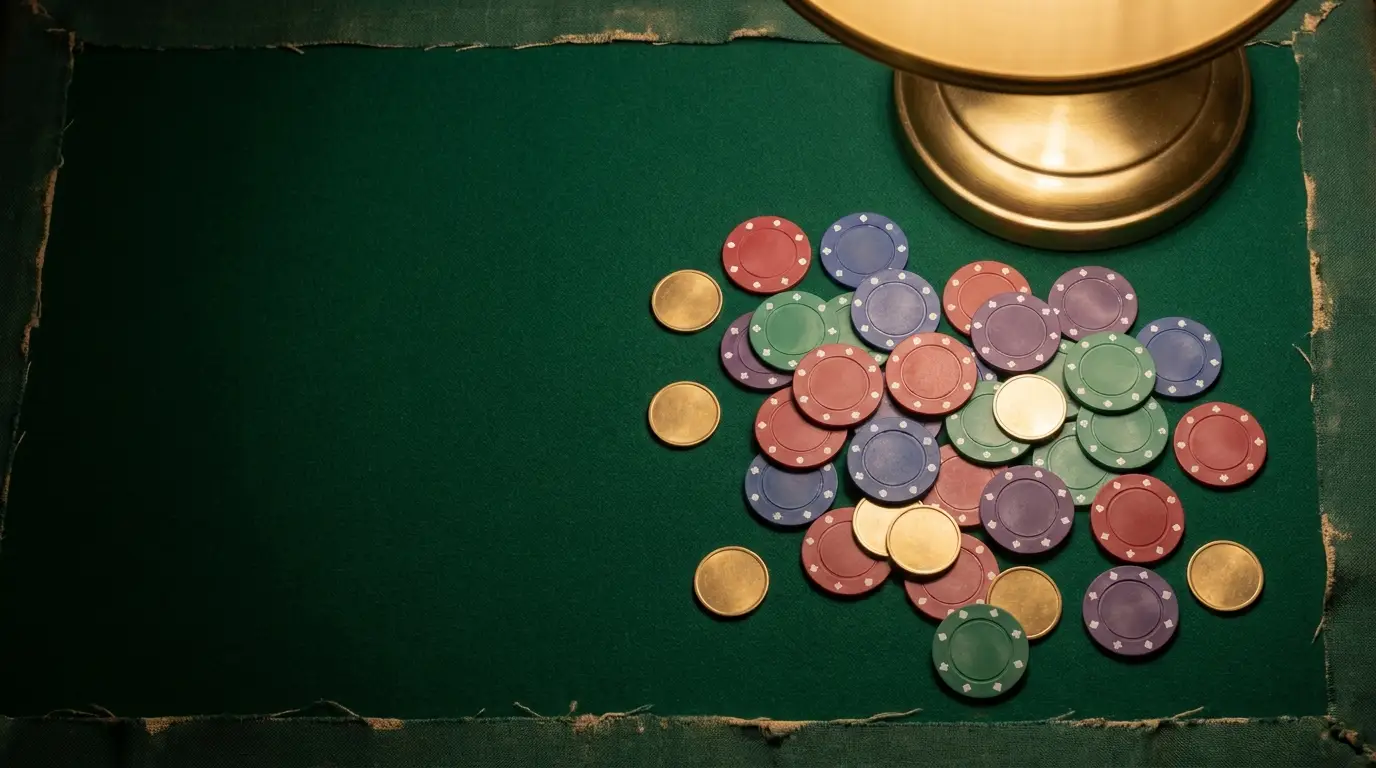 Poker chips and coins scattered on a green felt table under warm lighting