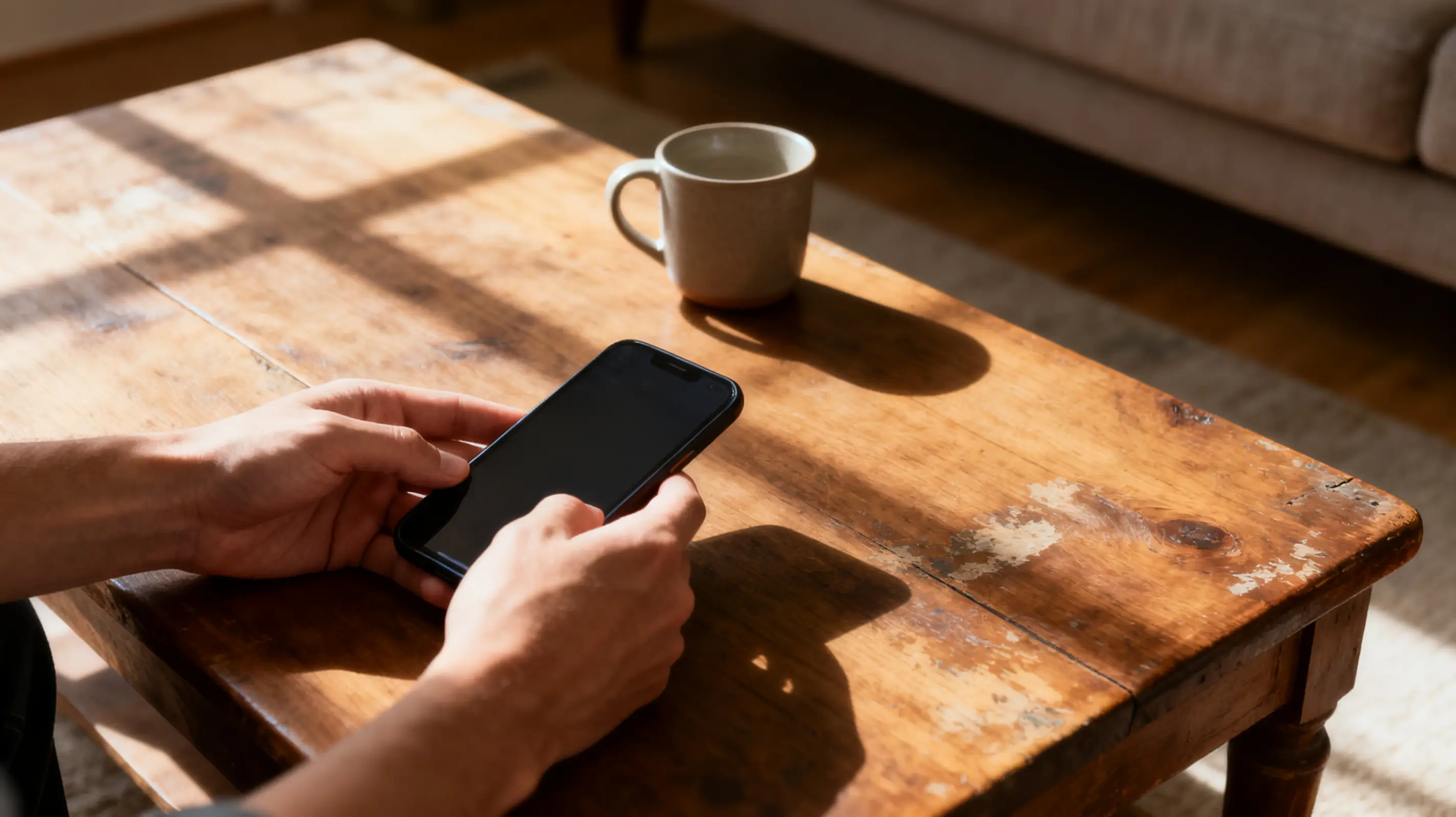 Hands holding smartphone on wooden coffee table with ceramic mug in warm, sunlit room