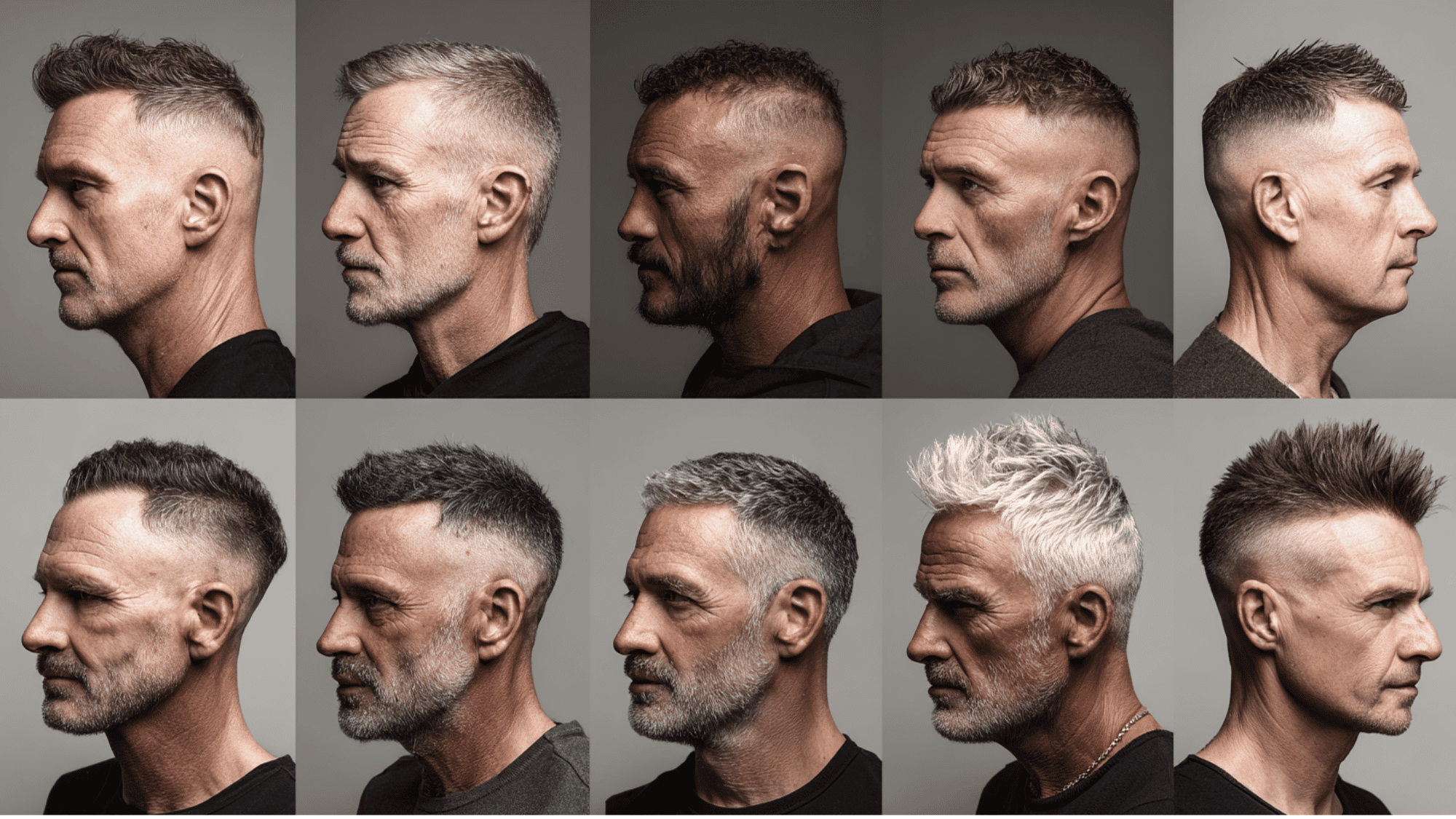 Ten men showing classic and textured haircuts for thinning hair in studio
