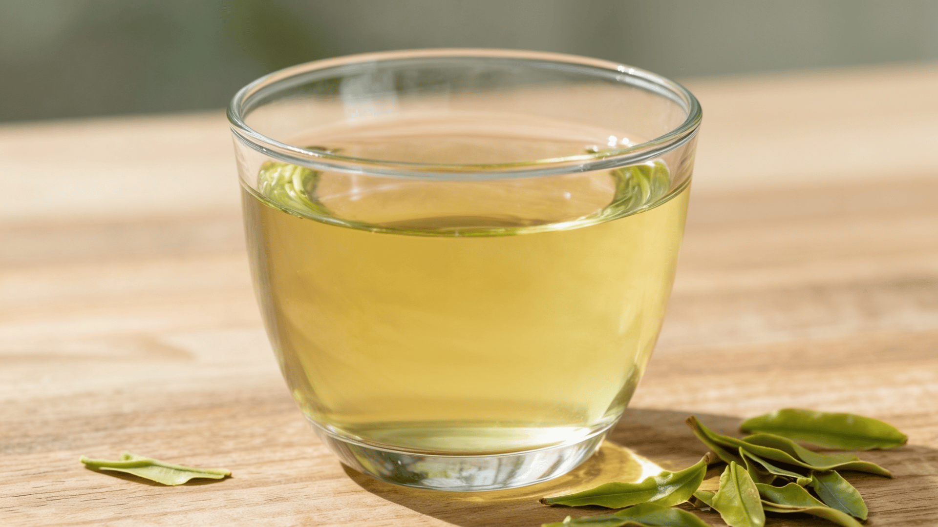 clear glass of pale yellow tea sits on a wooden surface with a few green tea leaves scattered nearby