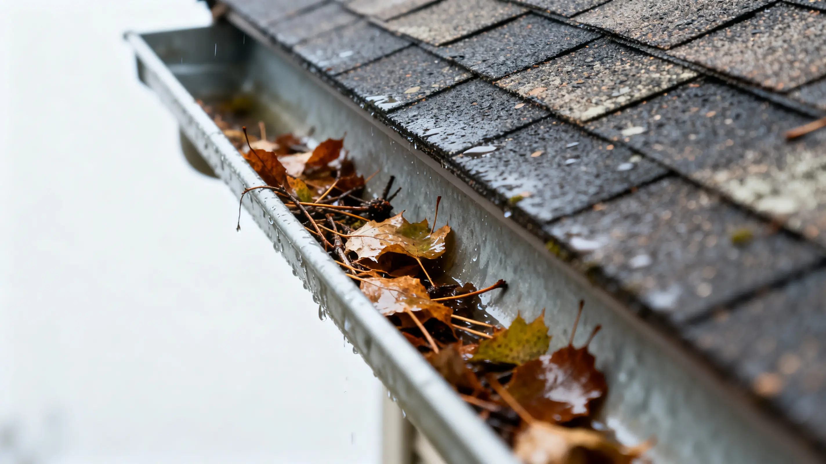 Wet autumn leaves clogging a house gutter under light rain with asphalt shingles nearby