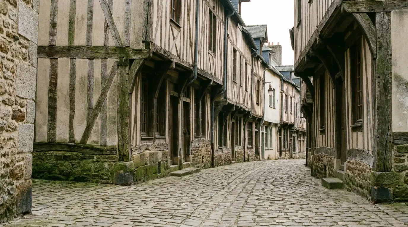 Narrow cobblestone street lined with old timber-framed buildings