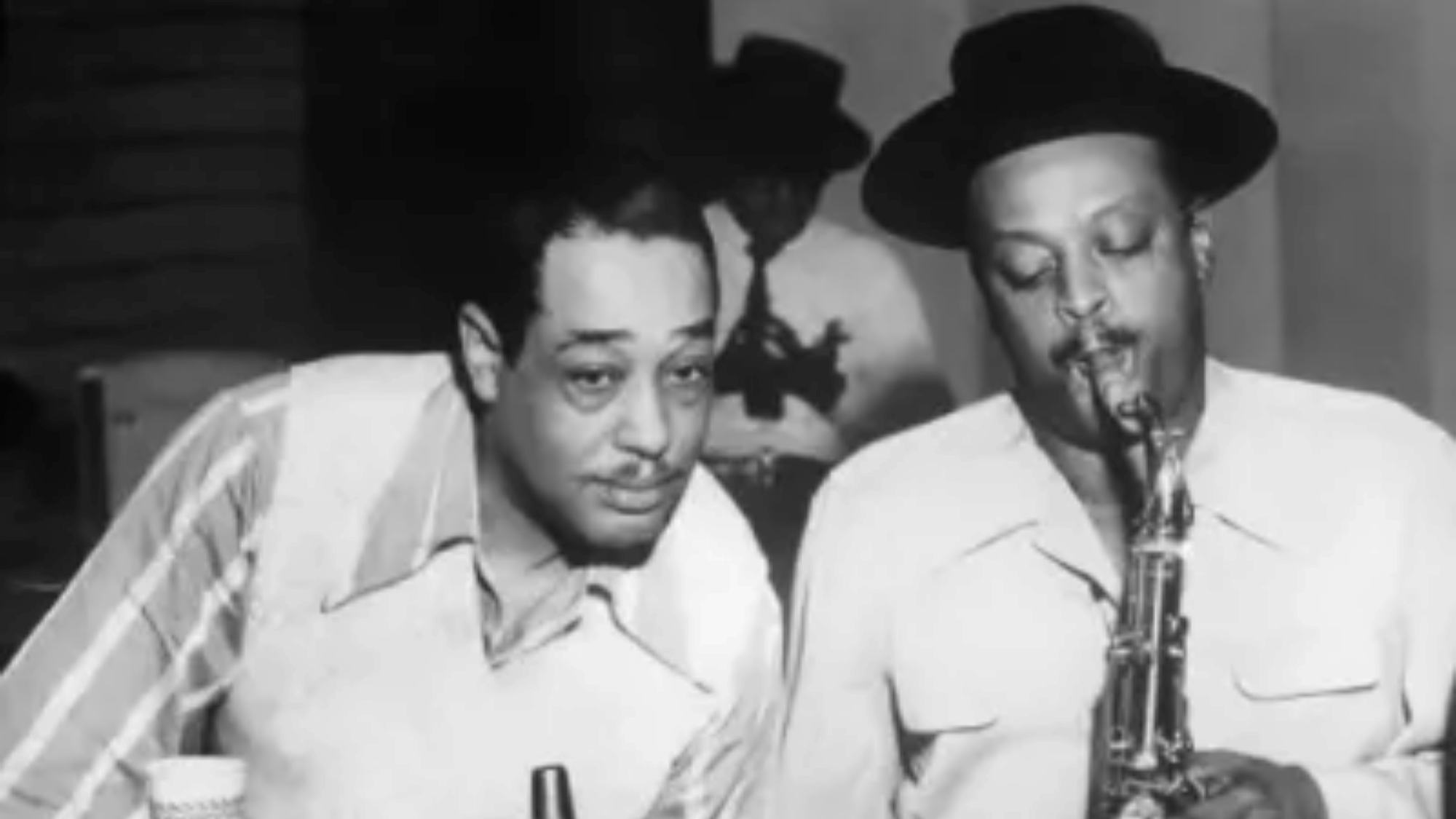 Duke Ellington with Ben Webster playing saxophone Cottontail 1940 black and white archival photograph