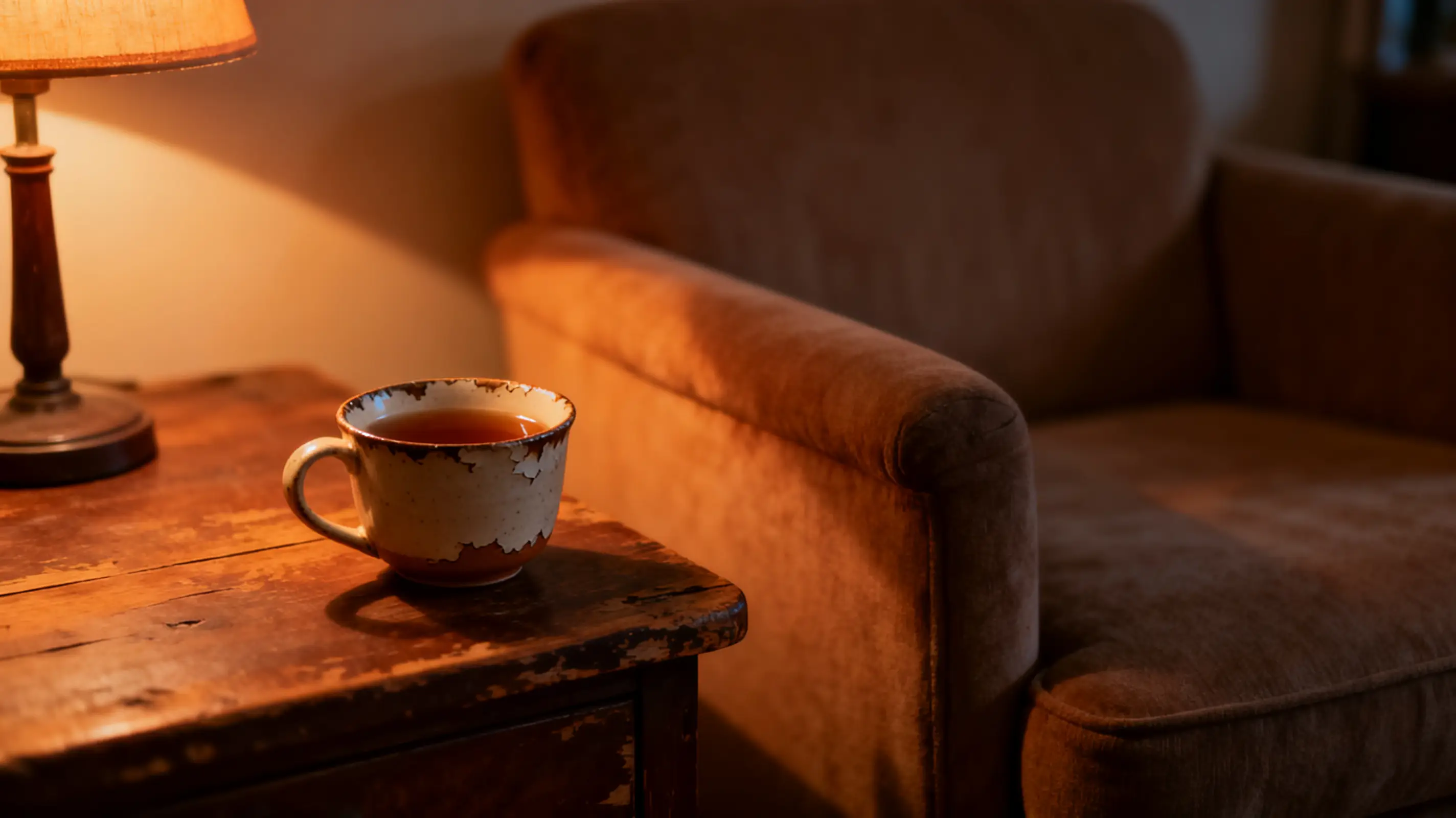 Cozy armchair beside wooden table with vintage teacup and soft lamplight