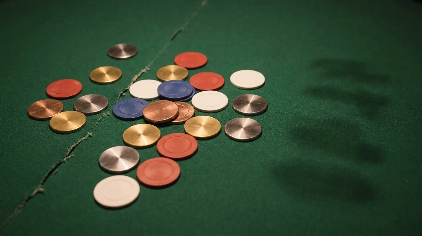 Poker chips in various colors scattered on green felt table under soft lighting