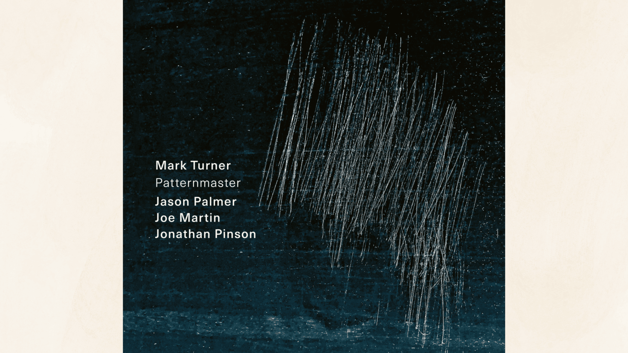 dark abstract jazz album cover with textured blue background and fine white scratch-like line patterns
