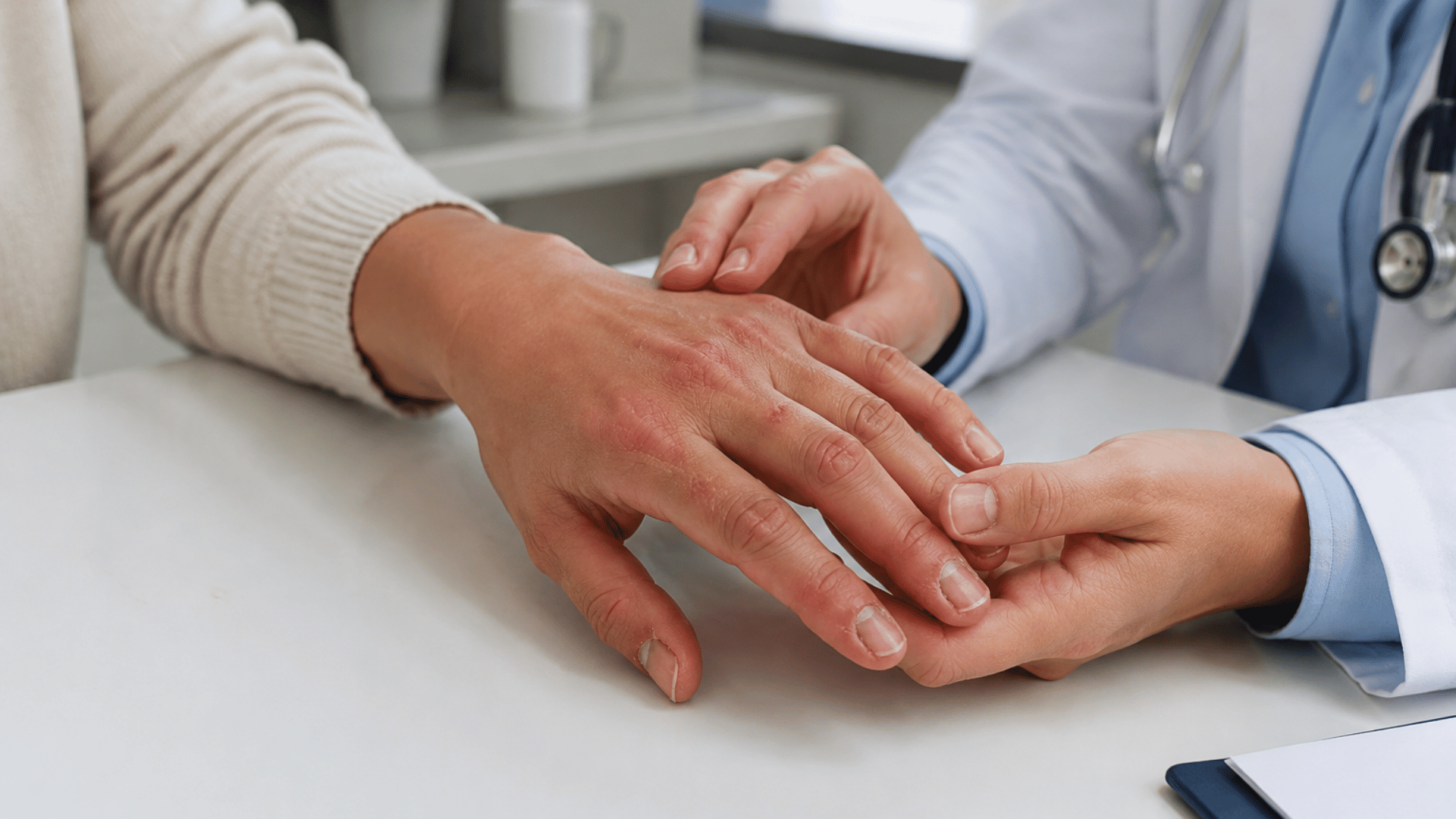 dermatologist examining irritated nails and skin to assess symptoms of a gel polish allergy