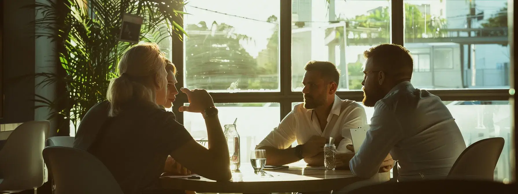 Four people having a discussion at a sunlit table in a modern office setting