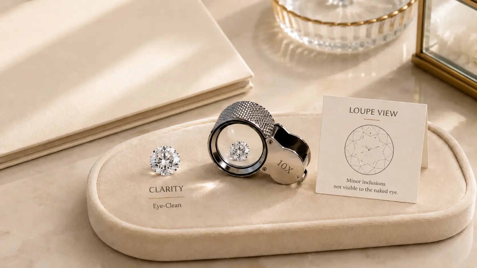 Diamond and jeweler's loupe displayed on beige velvet surface under soft lighting