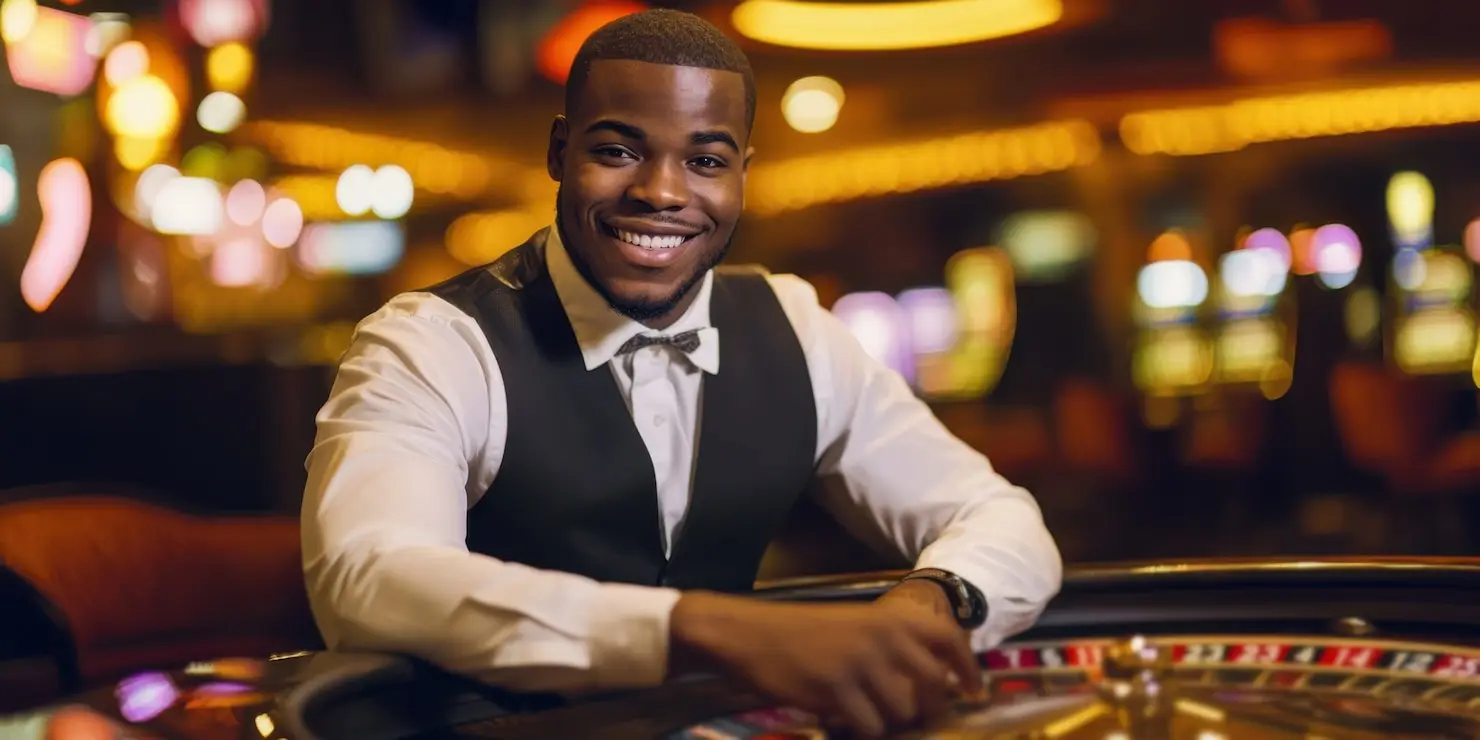 Smiling casino dealer in a vest standing at a roulette table with colorful lights in background