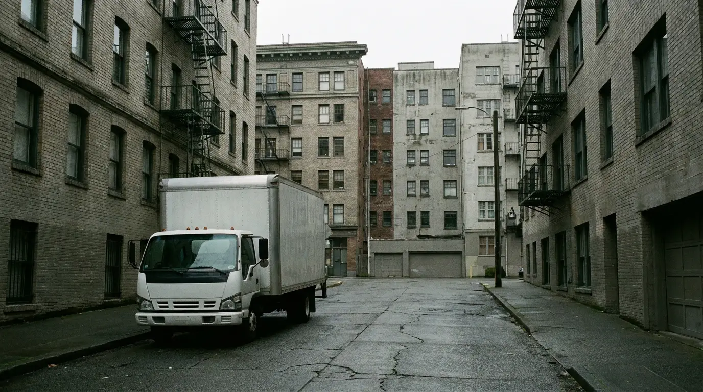 White moving truck parked in narrow urban alley between tall brick buildings
