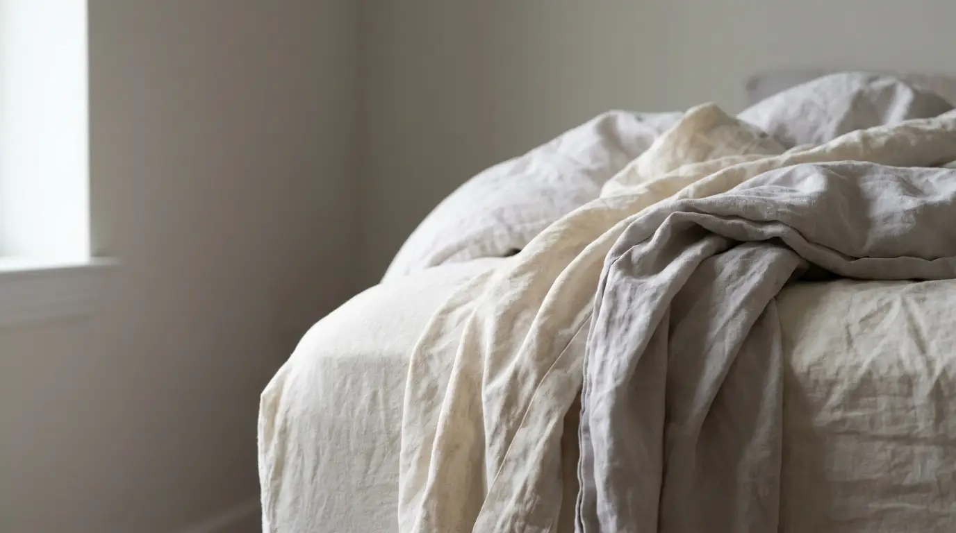 Crinkled beige linen duvet on bed in softly lit bedroom