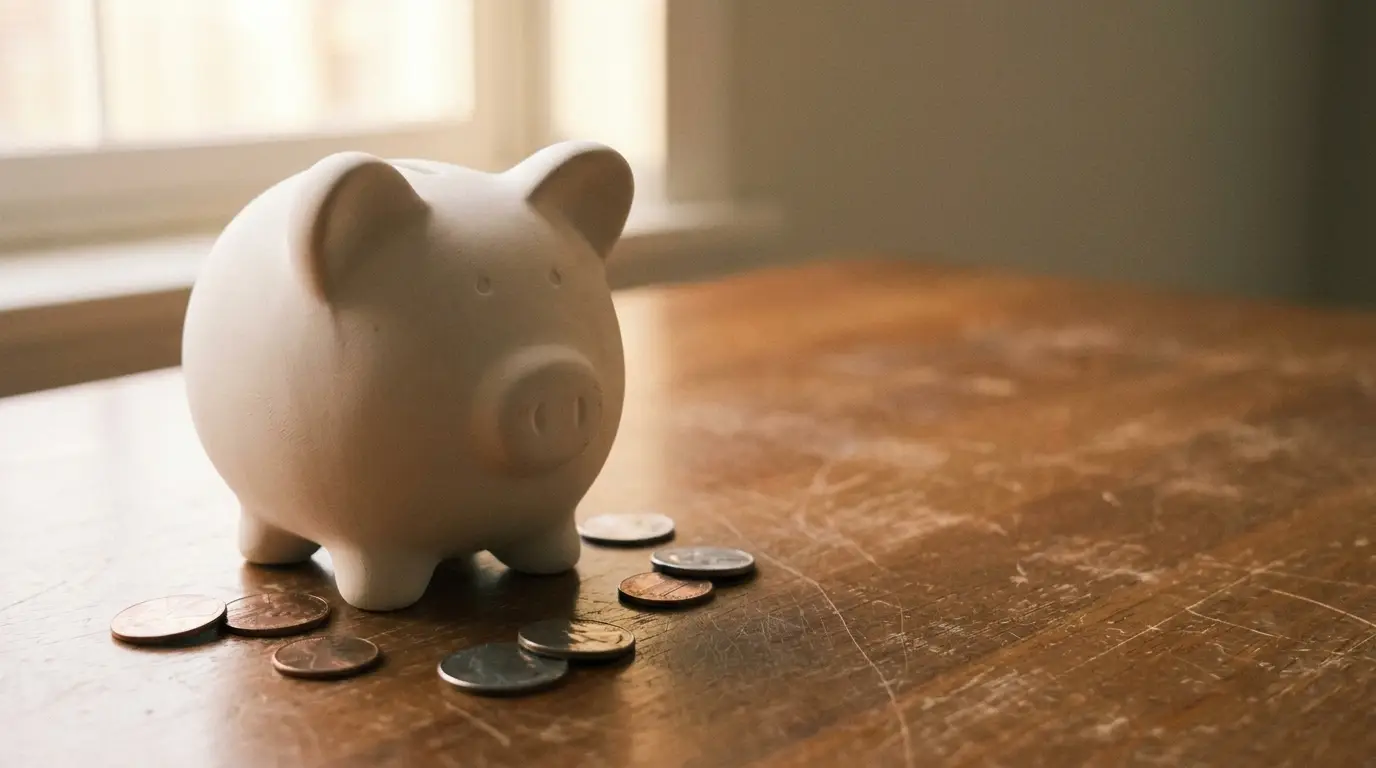 White ceramic piggy bank and scattered coins on a wooden table in soft natural light