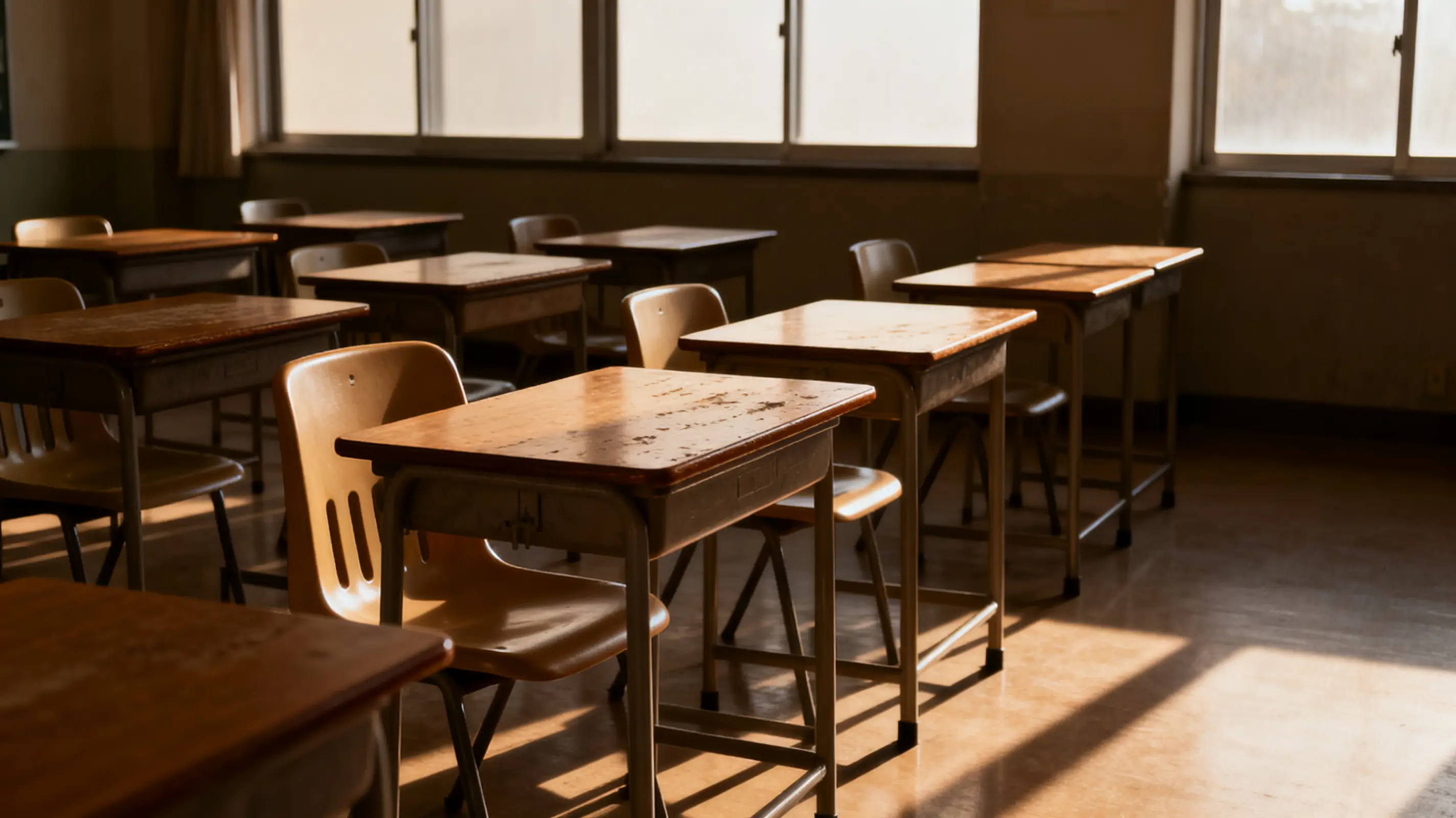 Empty classroom with wooden desks and chairs in warm sunlight