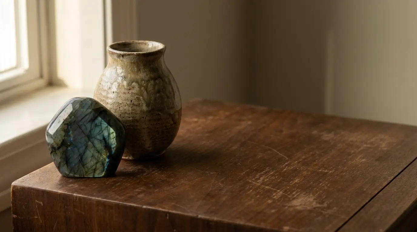 Ceramic vase and polished stone on wooden table in natural light