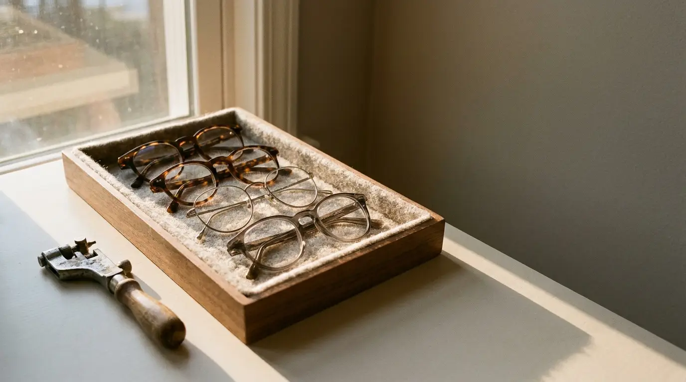Eyeglasses neatly arranged in wooden tray beside a vintage glass cutter in sunlit room