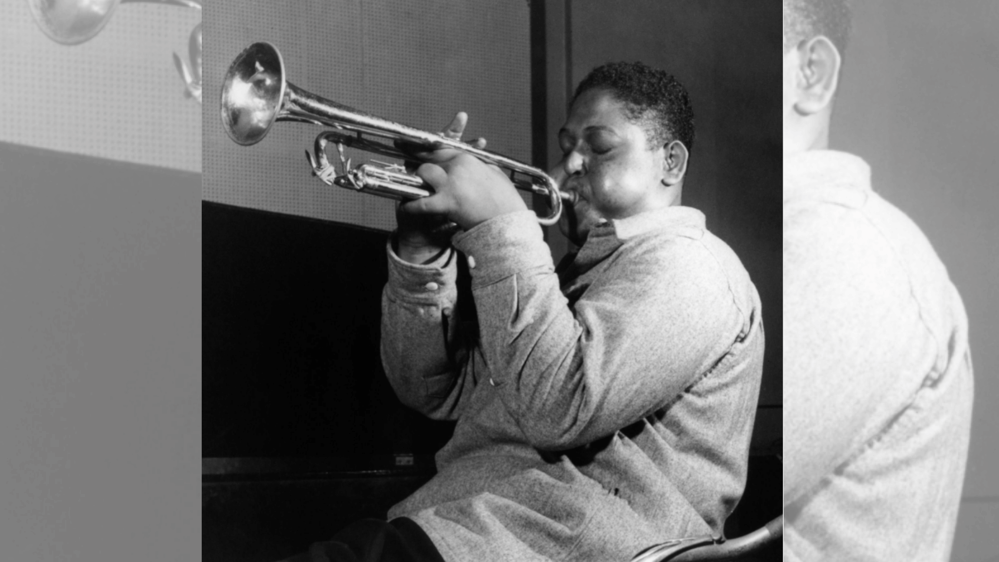 fats navarro playing trumpet passionately during an early bebop recording session