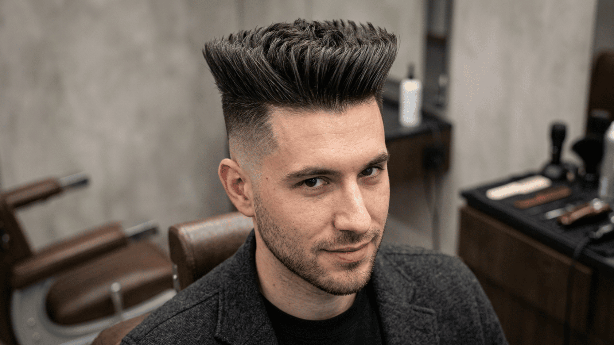 Man with oblong face styled with textured faux hawk and faded sides in barbershop