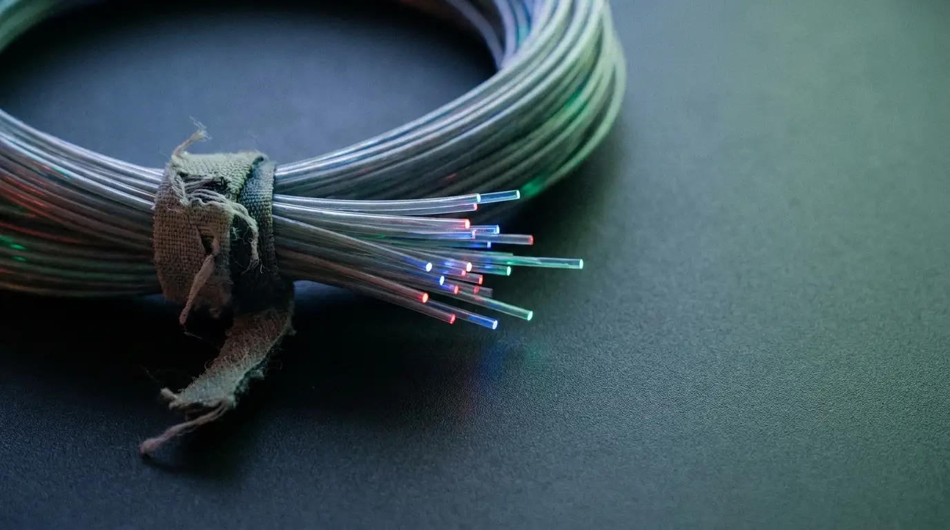 Coiled bundle of fiber optic cables with glowing colored tips on dark surface