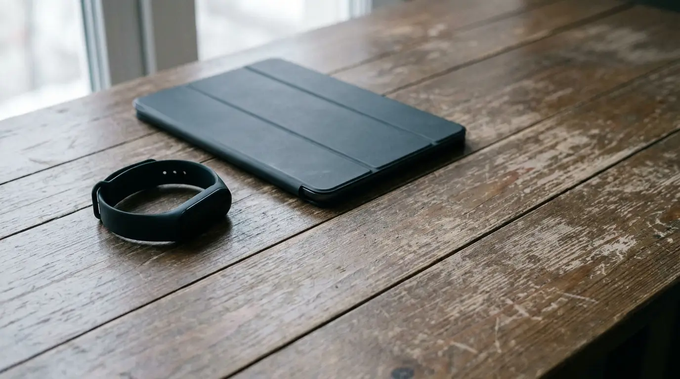 Tablet and smart wristband on a rustic wooden table next to a window