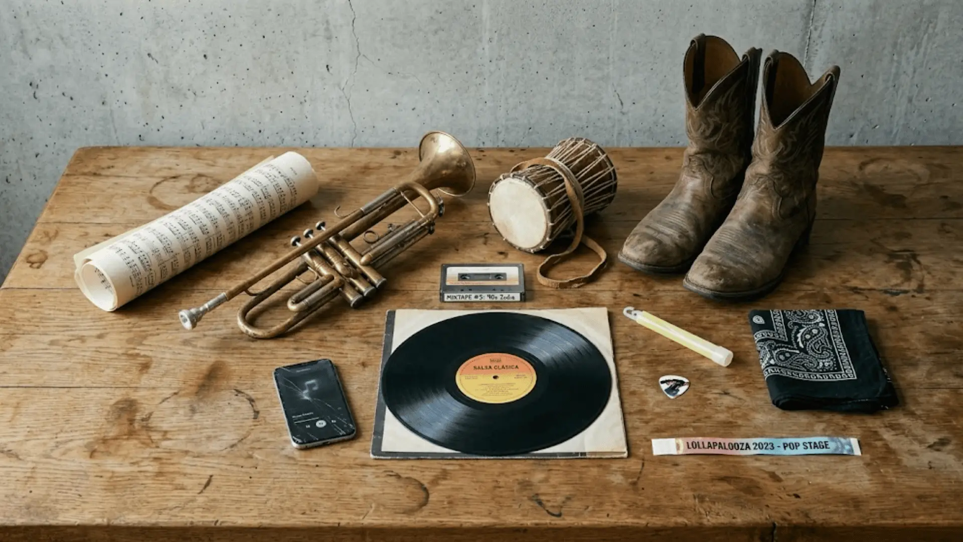flat lay of music genre objects including vinyl, trumpet, guitar pick, and cassette tape on a worn oak table