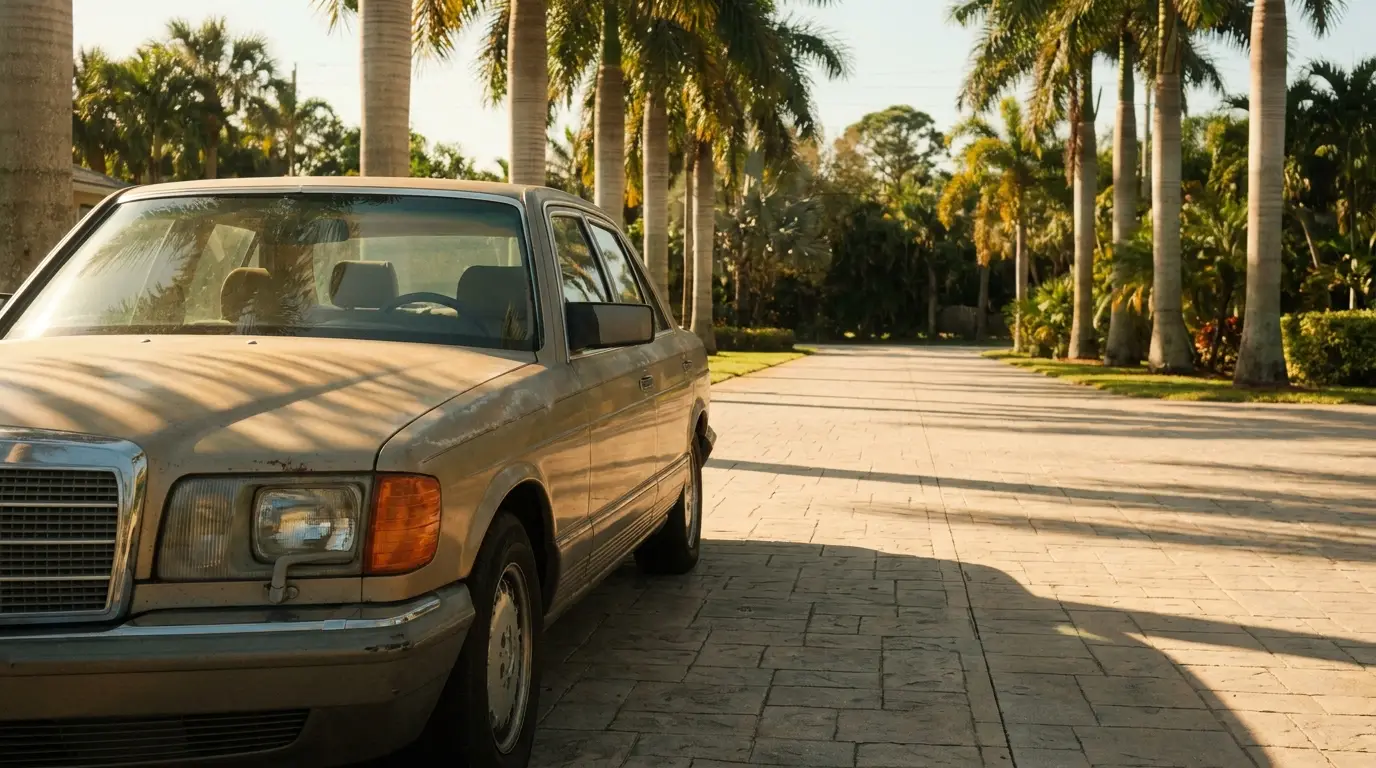 Vintage car parked on palm-lined driveway under warm afternoon sunlight