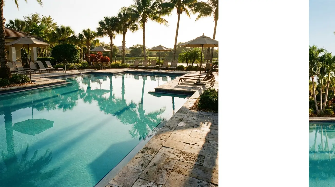 Outdoor pool with lounge chairs and palm trees under sunny sky
