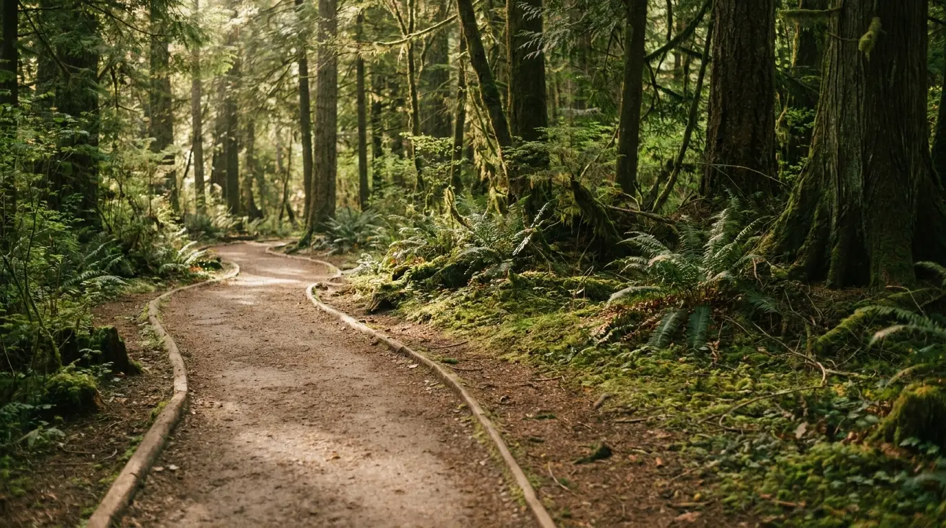 A winding dirt trail through a green forest with soft morning light filtering through the tree canopy