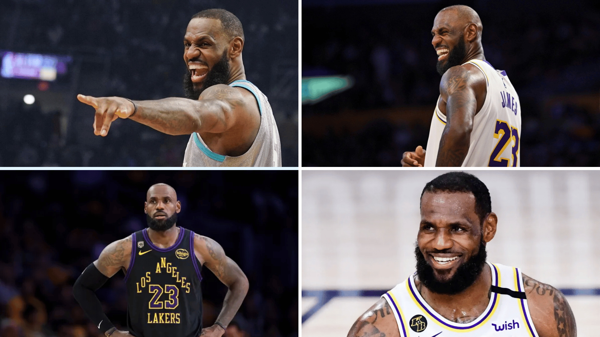 four photos show a basketball player smiling pointing and wearing los angeles lakers uniforms on court
