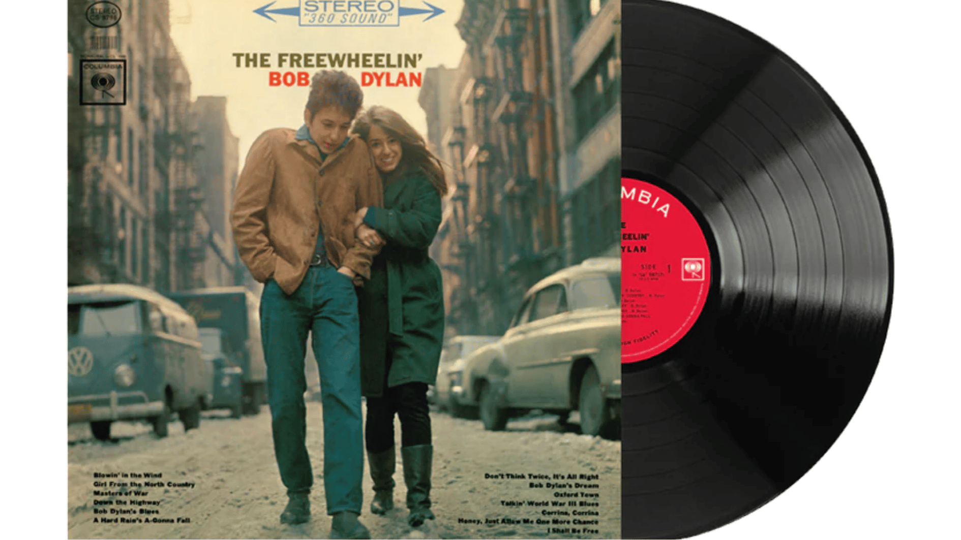 freewheelin' bob dylan vinyl album cover with original columbia records pressing and record partially displayed side by side