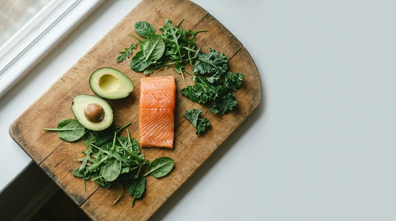 Salmon fillet, avocado, and mixed greens on wooden cutting board near window