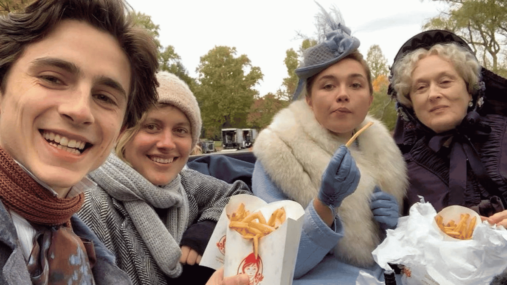Little Women cast eating Wendy's fries on set in period costumes